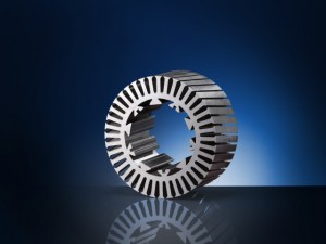 Steel lamination of a stator core coated with Voltatex
