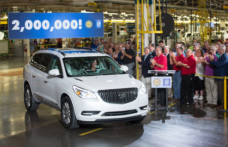 The 2 millionth vehicle, a 2016 Buick Enclave, rolls off the production line at the General Motors Lansing Delta Township Assembly Plant Friday, August 14, 2015, in Lansing, Michigan. GM's newest assembly plant in North America, opened in 2006, Lansing Delta Township Assembly currently employs approximately 3,200 employees on three shifts. (Photo by John F. Martin for General Motors)
